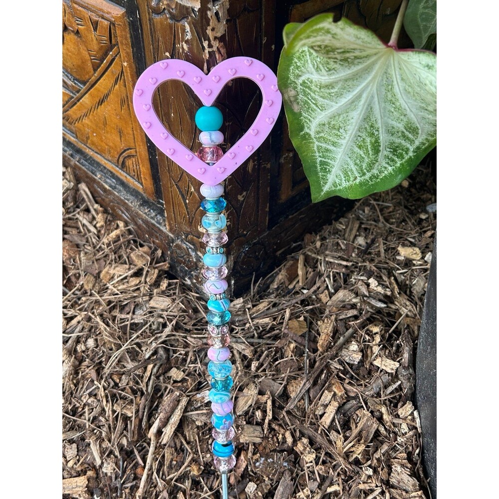 Crystal Beaded Garden Stake Handmade Fairy Garden Art Plant Decor Pink Turquoise